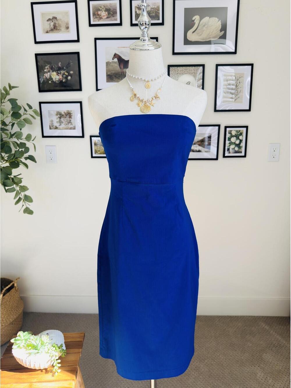 Vintage Royal Blue Strapless Sheath Midi Dress - Size S